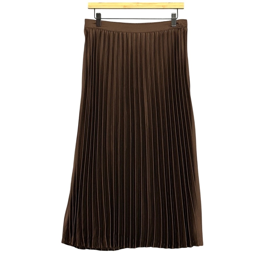 Retro Classic Women Skirt L Chocolate Brown Satin Accordion Pleat Dark Academia
